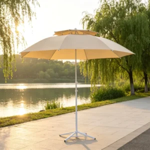 Double Deck Outdoor Beach Umbrella Fiberglass Ribs Wind Resistant Sun Shade for Patio Hotel Khaki Burgundy