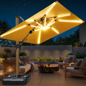 Double Diagonal Pull Outdoor Umbrella with Solar-Powered Light and USB Port