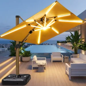 Double Diagonal Pull Rod Outdoor Umbrella 3.5×3.5M 3x4M with Solar Power Light and USB Port
