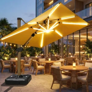 Double Diagonal Pull-Rod Outdoor Umbrella with 360° Rotation, Solar Light, and USB Port for Garden Hotel Parasol