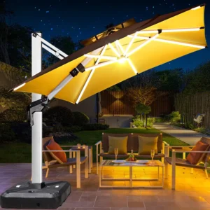 Double Diagonal Pull Rod Outdoor Umbrella with Solar Light and USB Port Garden Patio Parasol
