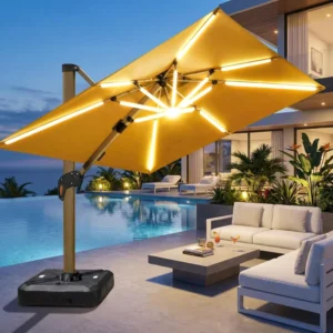 Double Diagonal Pull Rod Outdoor Umbrella with Solar Light and USB Port for Garden Patio