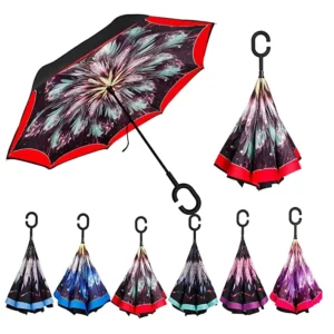 Double-Fabric Windproof C-Shape Handle Inverted Reverse Rain and UV Shade Umbrella