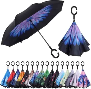 Double-Layer Black C-Handle Inverted Umbrella with Custom Logo, Large Waterproof Reverse Design