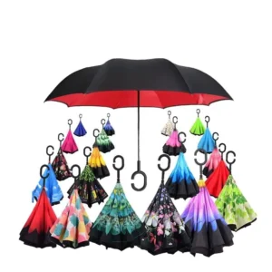 Double-Layer Black Windproof Reverse Inverted Umbrella with Customized Polyester Bag for Car and Business Gifts