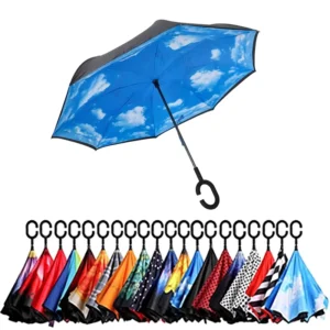 Double-Layer Hands-Free Inside-Out C-Shape Handle Inverted Reverse Umbrella with Custom Printing