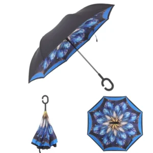 Double Layer Inverted Reverse Umbrella C Handle Windproof Floral Print Upside Down Straight Umbrella Custom Logo for Car Use