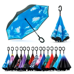 Double Layer Inverted Umbrella with C-Shaped Handle, Anti-UV, Waterproof, Windproof