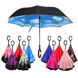Double-Layer Pongee Fabric Manual Open Reverse Inverted Umbrella C-Shape Handle Floral Design