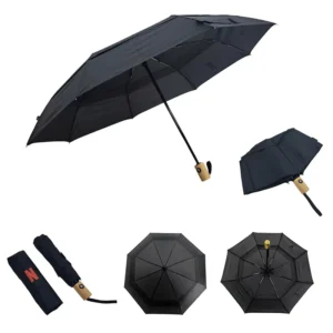 Double-Layer Rainproof 8K Windproof Fully Automatic Folding Umbrella with Wooden Handle