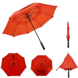 Double-Layer Rainproof Golf Umbrella, 8 Ribs, Bright Red, Windproof Straight Stick