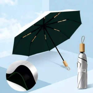 Double-Layer Titanium-Silver Double-Rib Folding Umbrella with Wooden Handle, UV-Proof and Portable