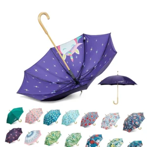 Double-Layer Windproof Wooden Stick Umbrella Full Print Waterproof