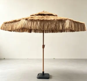 Double Roof Thatched Straw Patio Umbrella 2.7M 8 Ribs Brown Powder-Coated Outdoor Beach Garden Parasol With Polyester Lining