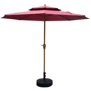 Double Top Center Column Wood Patio Umbrella Outdoor Sunshade with Granite Base and UV Protection for Garden Villa Home Beach
