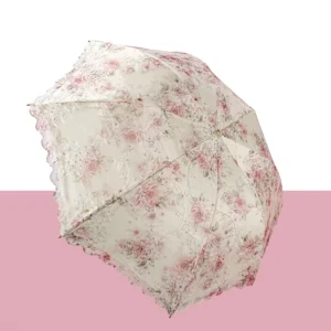 Double layer Lace trimmed Princess style Parasol Three fold Design Iron Ribs Embroidered DetailingUV protection UPF50+ for