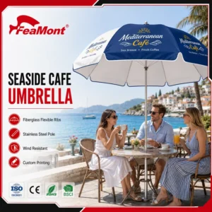 Durable Fiberglass Rib Promotional Beach Umbrella Stainless Steel Mid-Pole Custom Branded Advertising Umbrella for Cafe