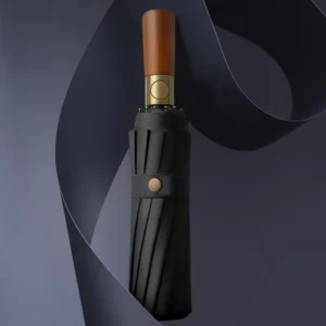 Durable Windproof Extra-Large Automatic Folding Umbrella with Wooden Handle