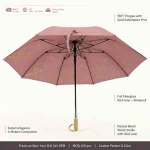 Dusty Rose Print 2-Fold Compact Umbrella with Gold Plum and Cloud Pattern for Lunar New Year Spring Festival
