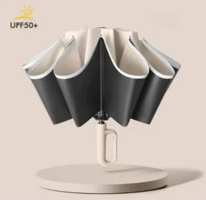 Easy Carry Automatic Three-Folding Reverse Umbrella with Hook-and-Loop Lock Handle