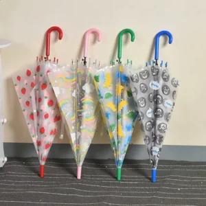 Eco friendly POE Clear Kids Umbrella Cute Fruit Printed Transparent Long Handle Straight Umbrella for Children’s Gift