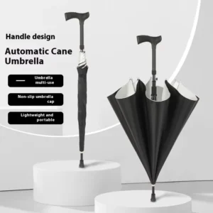 Elderly Walking Stick Umbrella Solid Color Long Handle Windproof Sun and Rain Umbrella