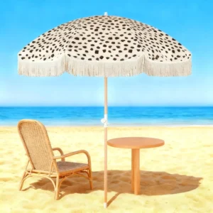 Elegant Customized Color Tassel Beach Umbrella Tilt Function Waterproof Fiberglass Frame 200cm Wood Parasol Outdoor Furniture