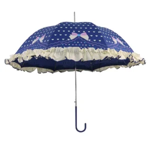 Elegant Lolita Long Umbrella Heart & Bow Print Frilly Trim Double Layer Fabric Vintage C Handle Rain Sun Parasol for Women