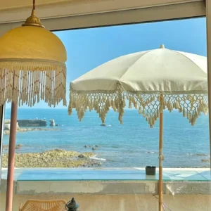 European Cream Woven Fringe Tassel Anti-UV Heavy-Duty Folding Compact Inverted Beach Umbrella