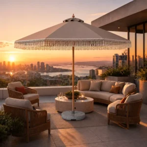 European Style Bohemia Outdoor Patio Macrame Parasol Beach Wood Center Pole Umbrella