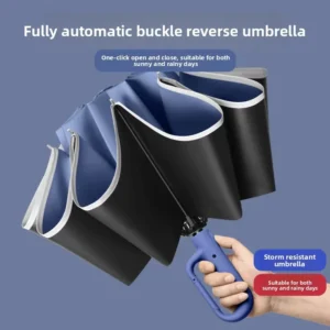 Extra Large 27 Inch 10 Rib Inverted Folding Umbrella Ring Buckle Sun and Rain Umbrella UV Protection for Men Women