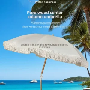 Extra-Large Manual Polyester Fiber Solid Wood Beach Umbrella for Courtyard Outdoor Camping With Tasseled Trim