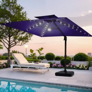 Extra Large UV Protection Windproof Solar LED Patio Umbrella for Decks, Square Purple Double-Top Design with Crank Handle