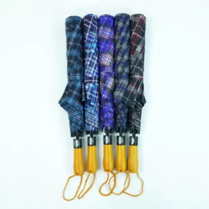 Extra-Large Windproof Semi-Automatic Polyester Pongee 2-Folding Golf Umbrella, Plaid Design, Wooden Handle, UV Protection