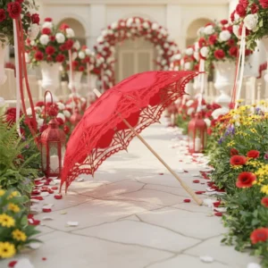 FINE OCEAN Fashion Custom Lace Embroidery Manual Straight Umbrella Wooden Bride White Wedding Cotton