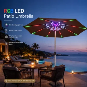 FLD6001 Commercial RGB LED Center Pole Waterproof Patio Umbrella Rechargeable Outdoor Furniture Market Umbrella for Hotel Resort