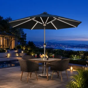FLD6002 Solar LED Aluminum Center Pole Patio Umbrella for Hotel Resort Cafe Outdoor Dining