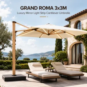 FLD7001 3x3m Foldable Waterproof Cantilever Patio Umbrella with LED Lights and Aluminum Frame for Hotel Resort Outdoor Furniture