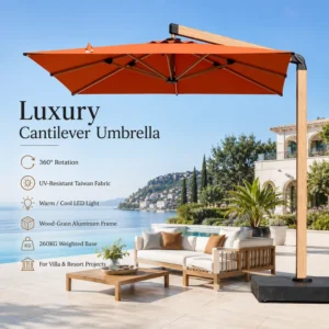 FLD7004 Contract Grade 360 Rotating Cantilever Patio Umbrella with Aluminum Frame and LED Lights for Hotel Resort Projects