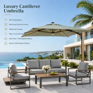 FLD7008 Contract Grade 360 Rotating Solar LED Cantilever Patio Umbrella with Aluminum Frame for Hotel Resort Projects