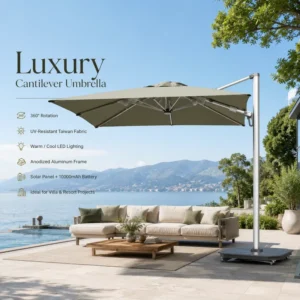 FLD7009 Contract Grade 360 Rotating Solar LED Cantilever Patio Umbrella with Aluminum Frame for Hotel Resort Poolside Projects