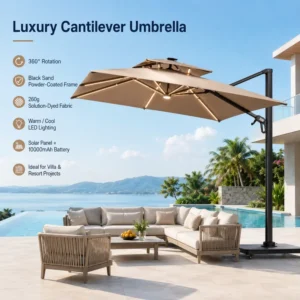 FLD7012 Contract Grade 360 Rotating Cantilever Patio Umbrella with Solar LED Aluminum Frame for Hotel Resort Poolside