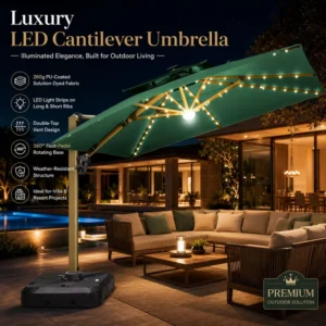 FLD7108 Modern Contract Grade LED Cantilever Aluminum Waterproof Patio Umbrella 360 Rotating PU Fabric Outdoor Hotel Dining