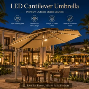 FLD7148 Contract Grade LED Cantilever Patio Umbrella 360 Rotating Aluminum PU Fabric for Hotel Resort Projects