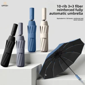 Factory 10-Rib Automatic Folding Sun and Rain Umbrella, Black Coating