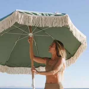 Factory 200CM Wooden Pole Bohemian Sun Parasol Custom Print Recycled Beach Umbrella with Tassels