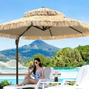 Factory Aluminum Frame Thatch Pavilion Marble Base Waterproof Foldable Lightweight Hawaiian Style Hotel Restaurant Park