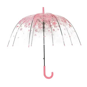 Factory Clear Transparent Plastic Umbrella Japan Sakura Princess Flower Auto Open Iron Shaft Modern Design