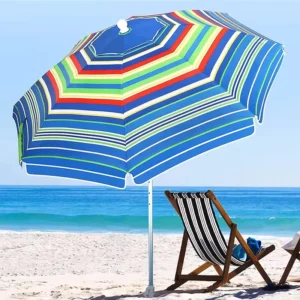 Factory Commercial OEM 180cm Sun Parasol Tilt Sand Anchor Stripe Outdoor Sea Umbrella for Beach