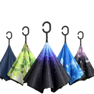 Factory Custom Anti-UV Waterproof Reverse Car Umbrella, Double-Layer, with C-Shape Handle